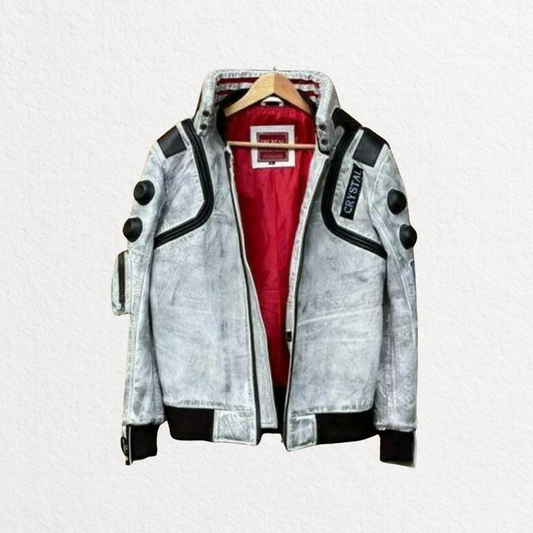 Cyberpunk-Inspired White Waxed Leather Jacket