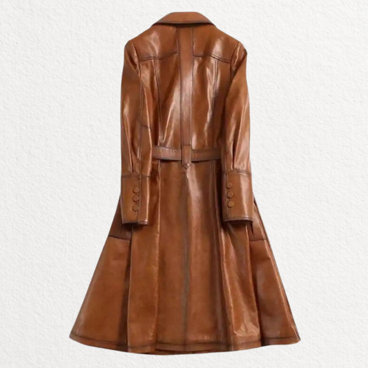 Tan real leather long trench coat with belt