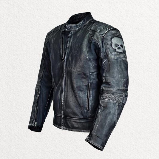 Men’s Distressed Skull Leather Biker Jacket