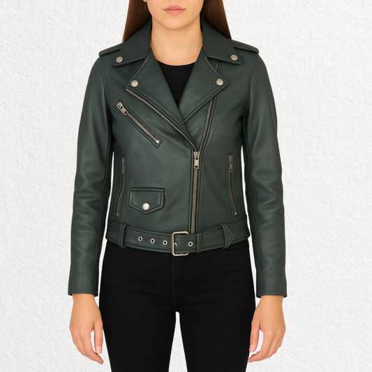 Women’s Green Leather Biker Jacket