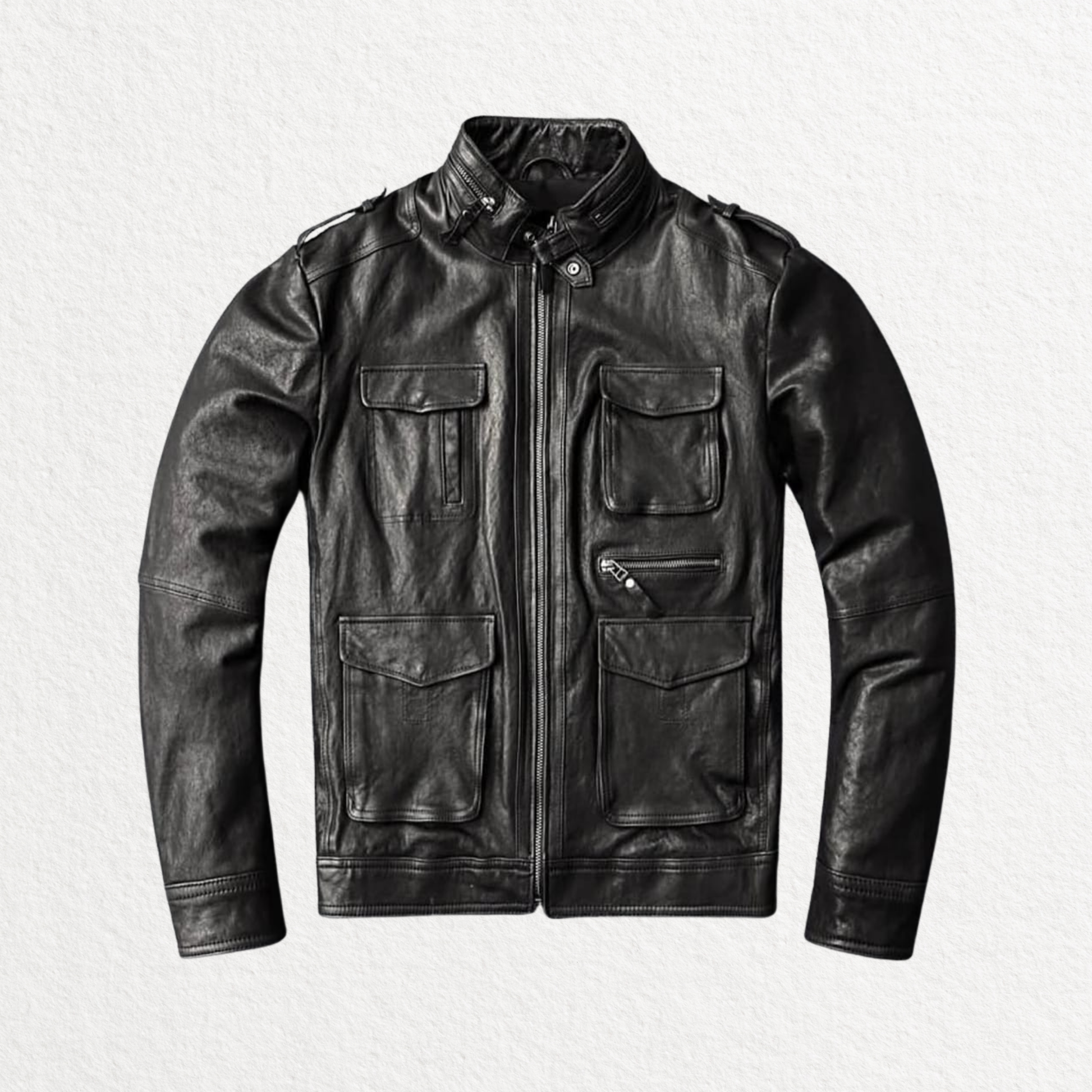 Men’s handmade calf leather biker jacket front view