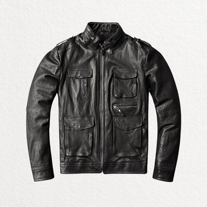 Men’s handmade calf leather biker jacket front view