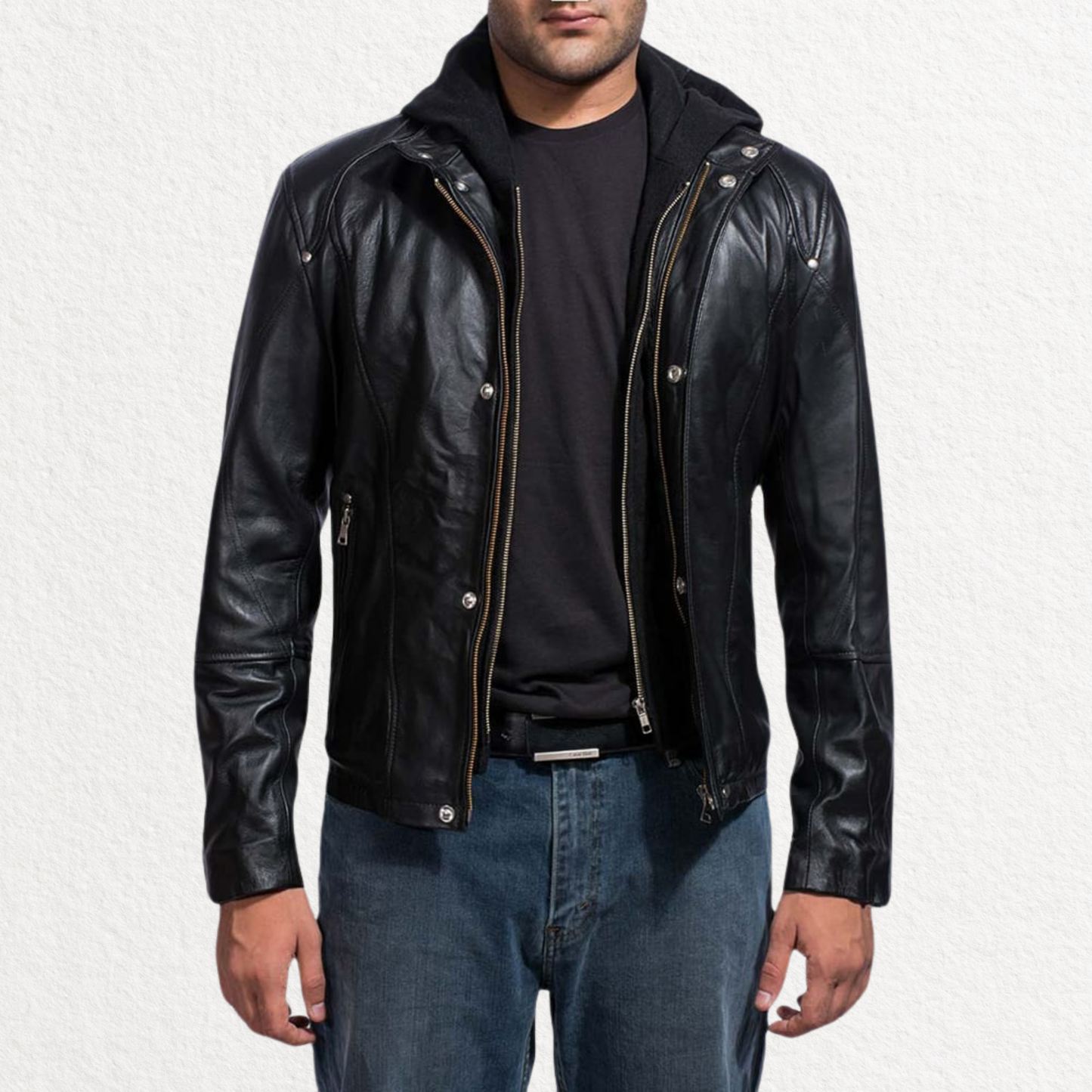 Men’s Black Leather Jacket with Removable Hood
