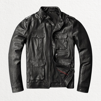 Black full-grain calf leather motorcycle jacket