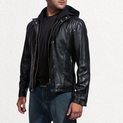 Men’s Black Leather Jacket with Removable Hood