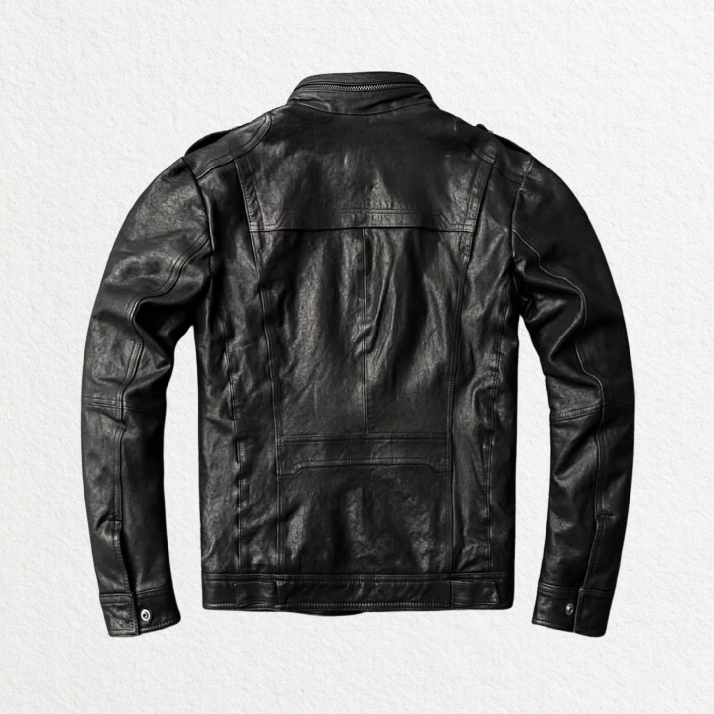 Men’s black leather biker jacket back view