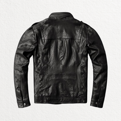 Men’s black leather biker jacket back view