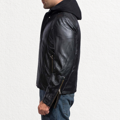 Men’s Black Leather Jacket with Removable Hood