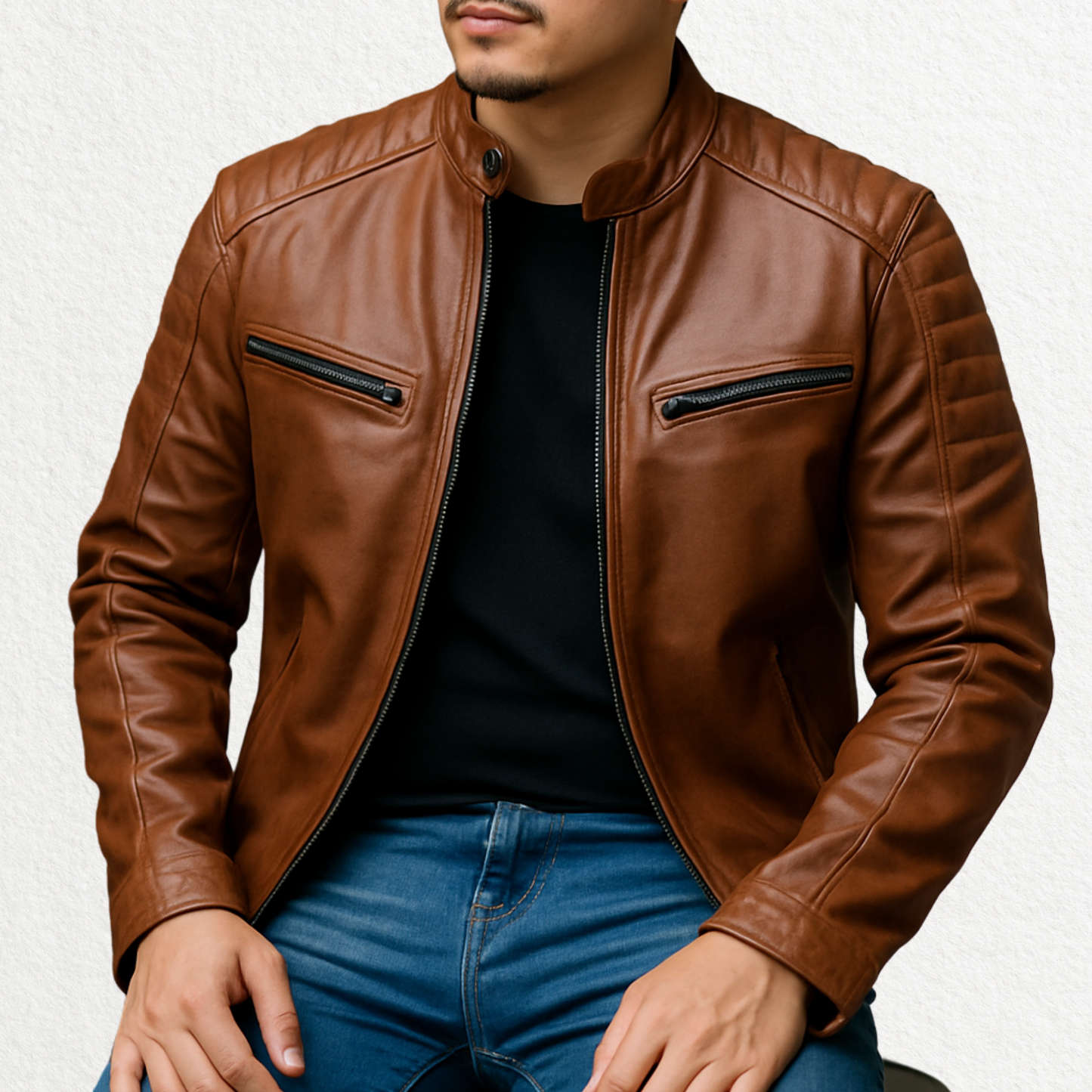 Men’s Brown Leather Cafe Racer Jacket