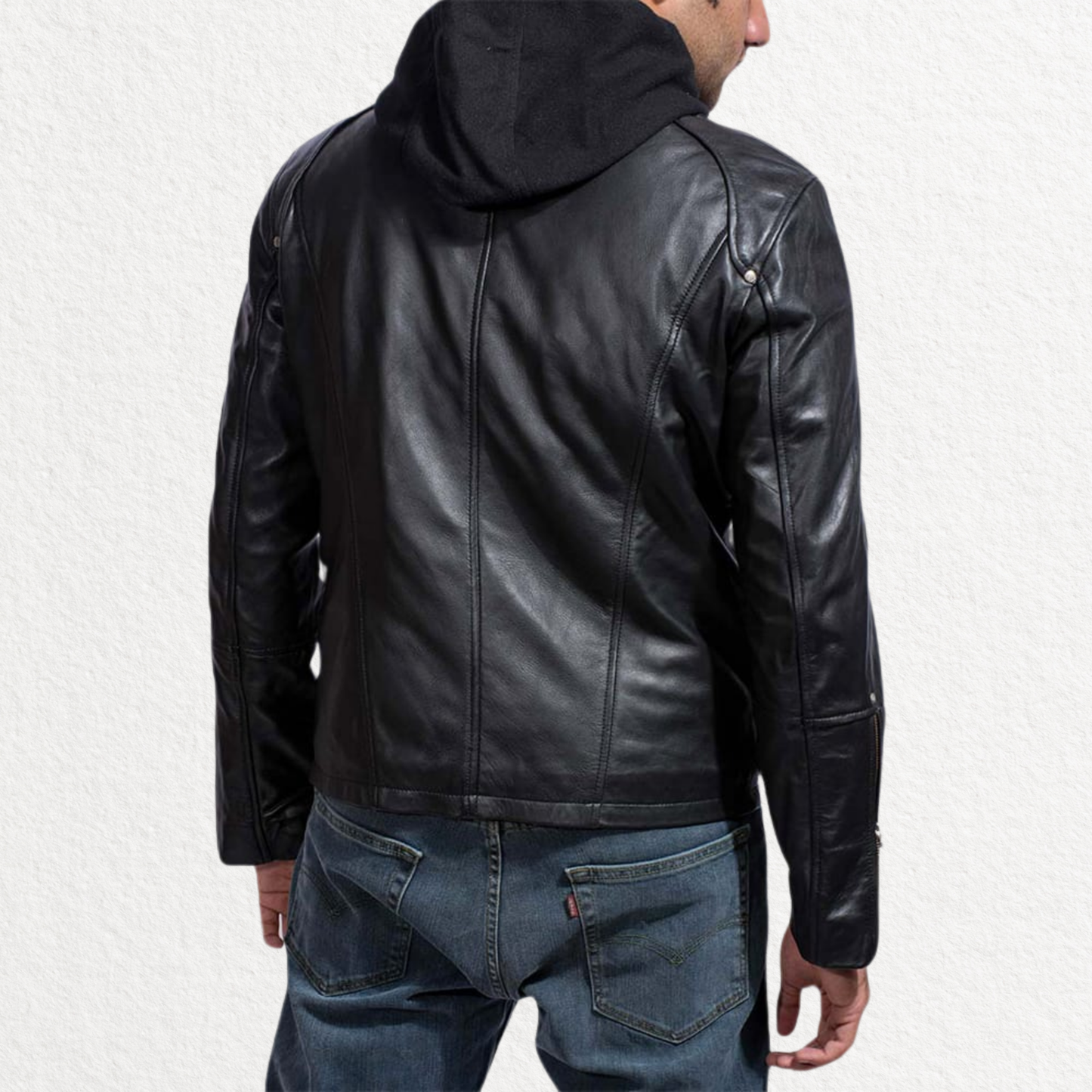 Men’s Black Leather Jacket with Removable Hood