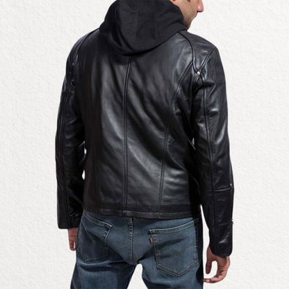 Men’s Black Leather Jacket with Removable Hood