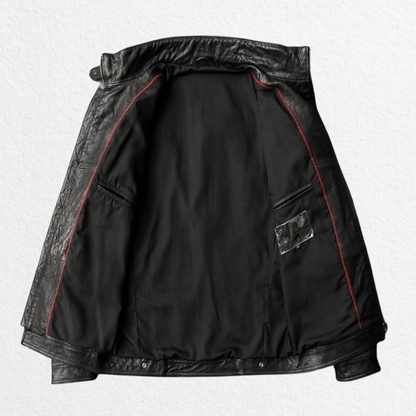 Men’s leather biker jacket with red-trim interior lining