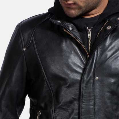 Men’s Black Leather Jacket with Removable Hood