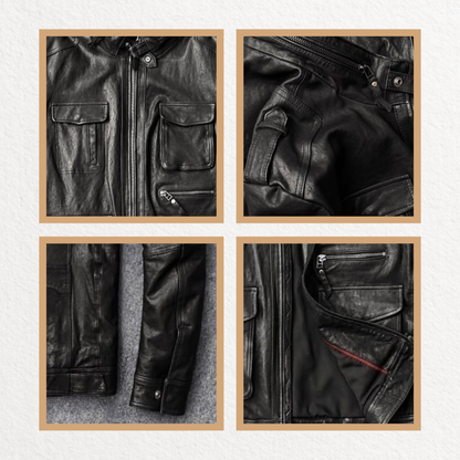 Black leather jacket with shoulder epaulets and zip pockets