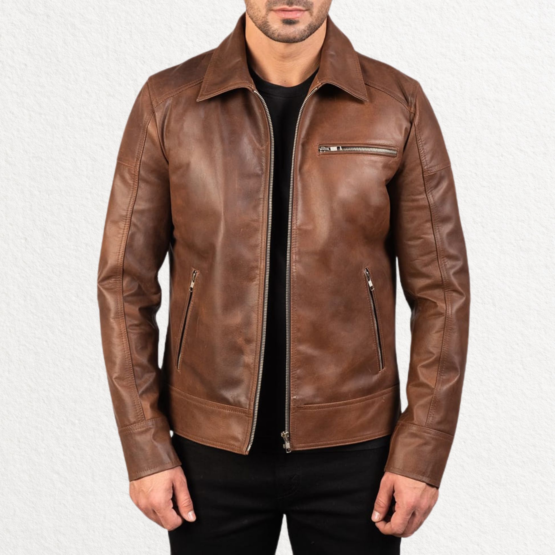 Brown leather zip-up jacket worn by model