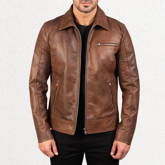 Brown leather zip-up jacket worn by model