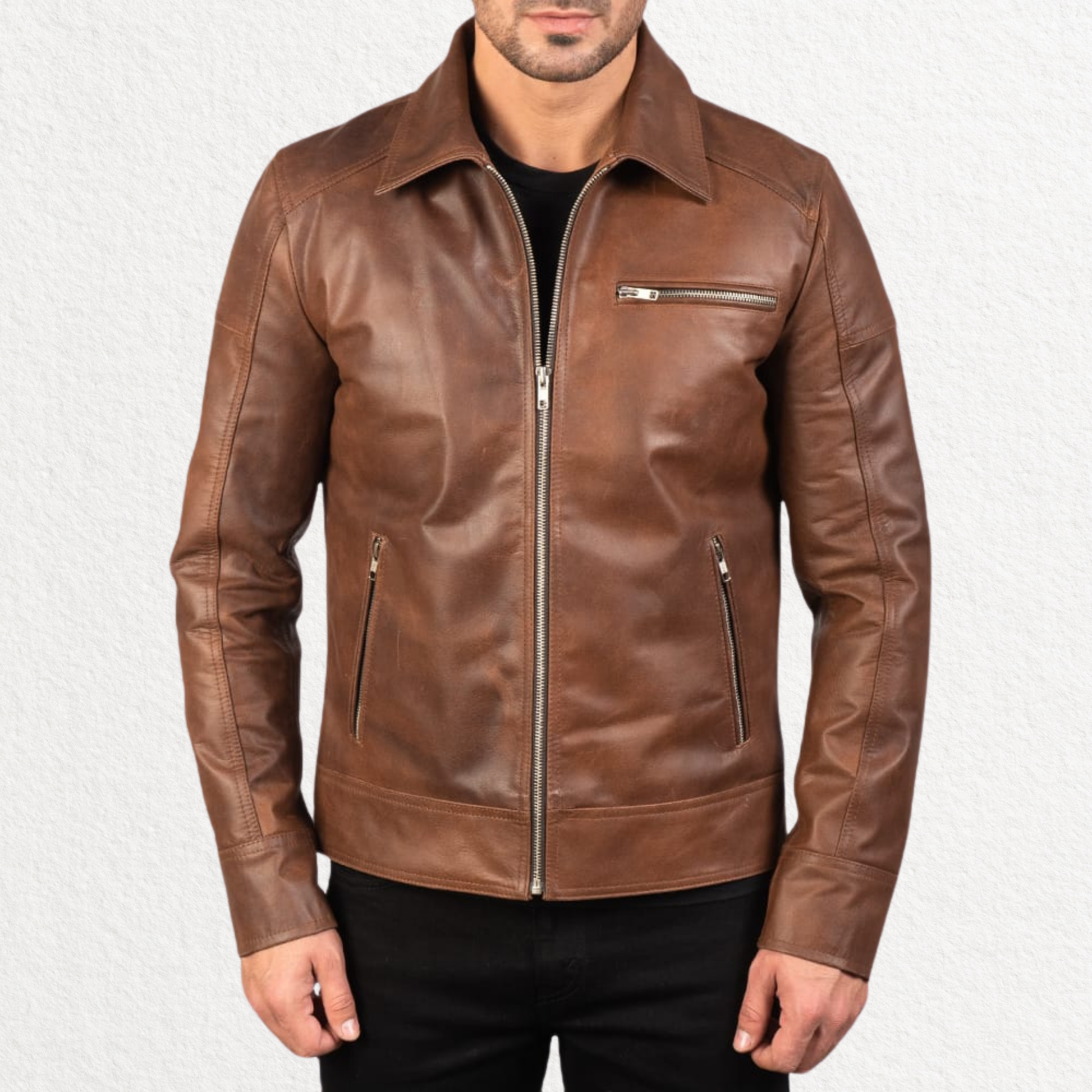 Men’s classic brown real leather jacket front view