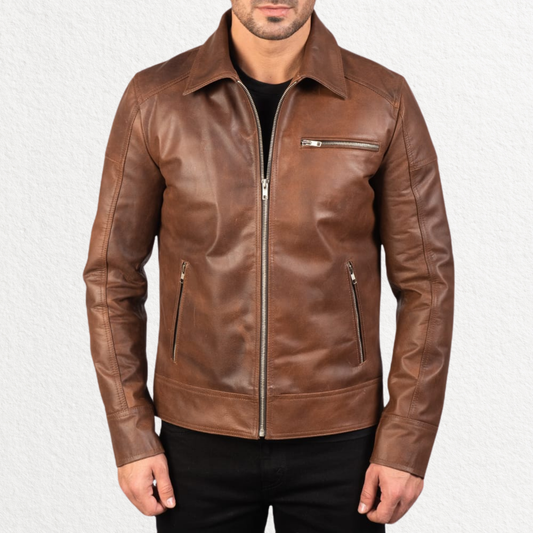 Men’s classic brown real leather jacket front view