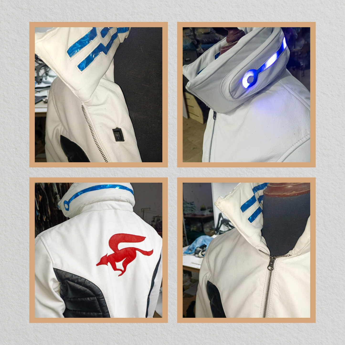 Cyberpunk-Inspired White LED Collar Leather Jacket