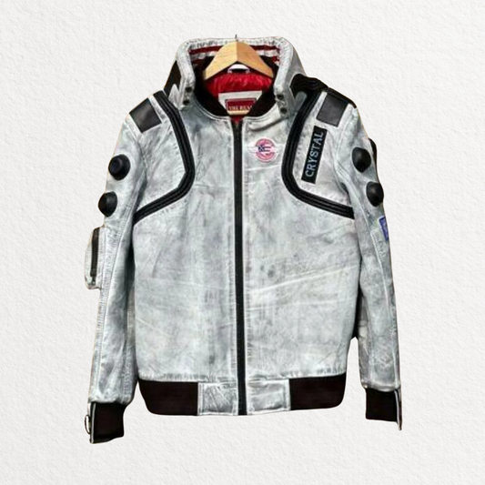 Cyberpunk-Inspired White Waxed Leather Jacket