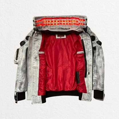 Cyberpunk-Inspired White Waxed Leather Jacket