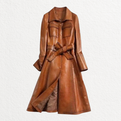 Women’s tan leather trench coat front view