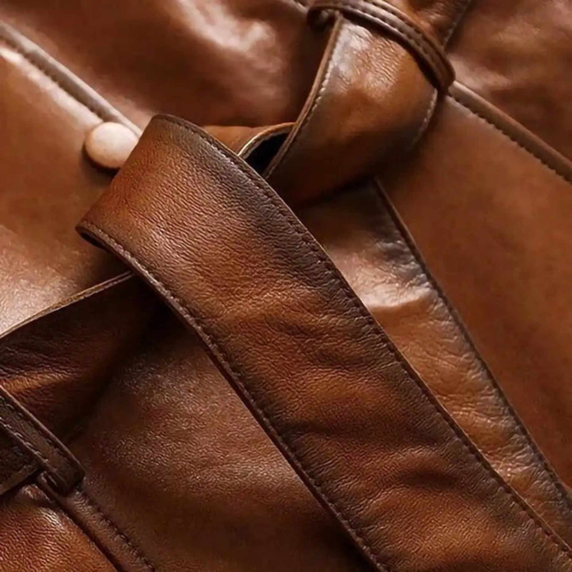 Women’s long tan leather coat with sash belt