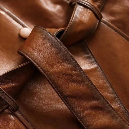 Women’s long tan leather coat with sash belt