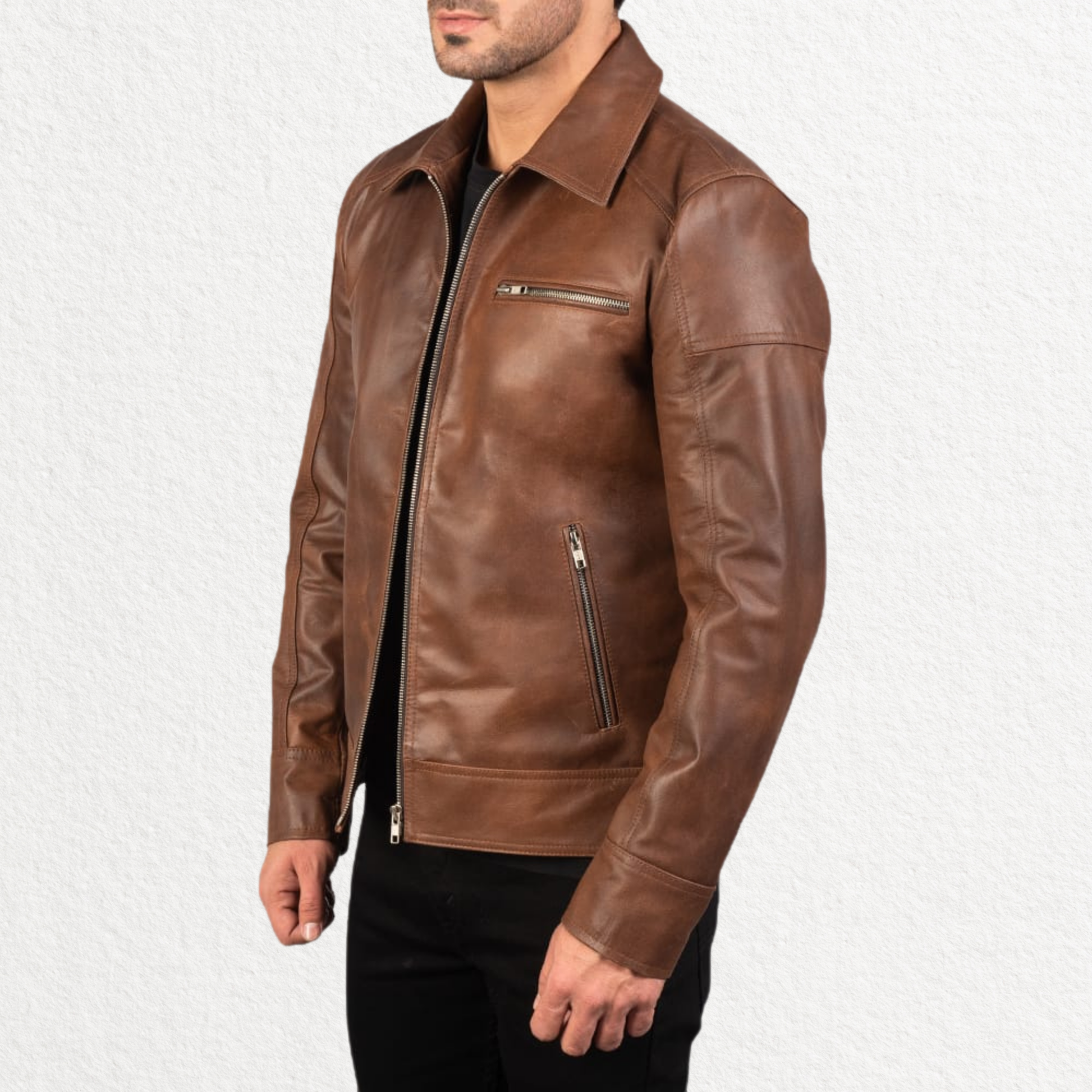 Men’s classic leather jacket side view