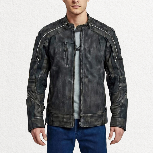 Men’s Distressed Skull Leather Biker Jacket
