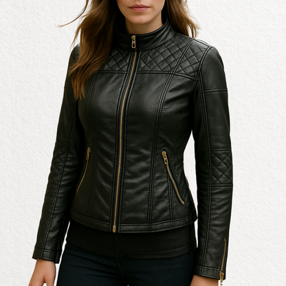 Women’s black quilted leather jacket front view