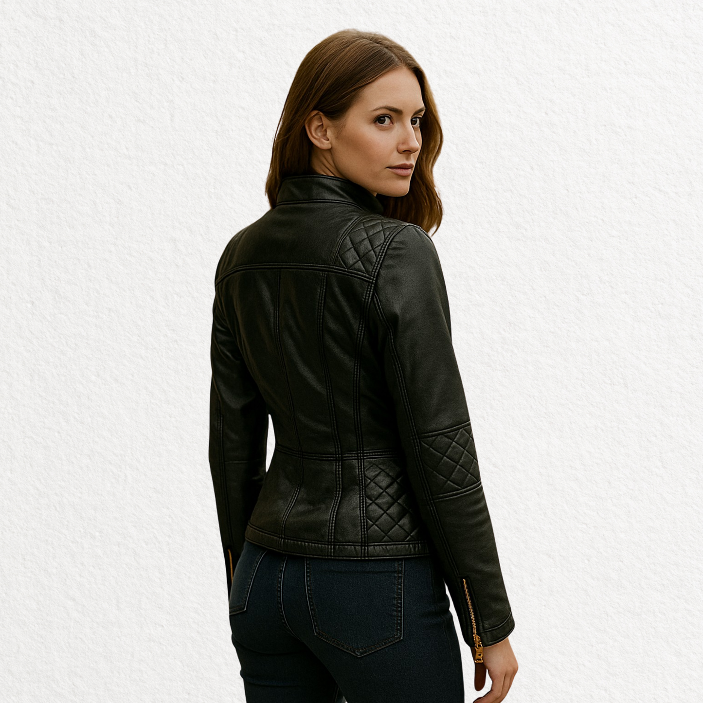 Black leather moto jacket with gold zippers