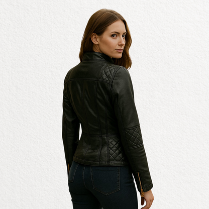 Black leather moto jacket with gold zippers