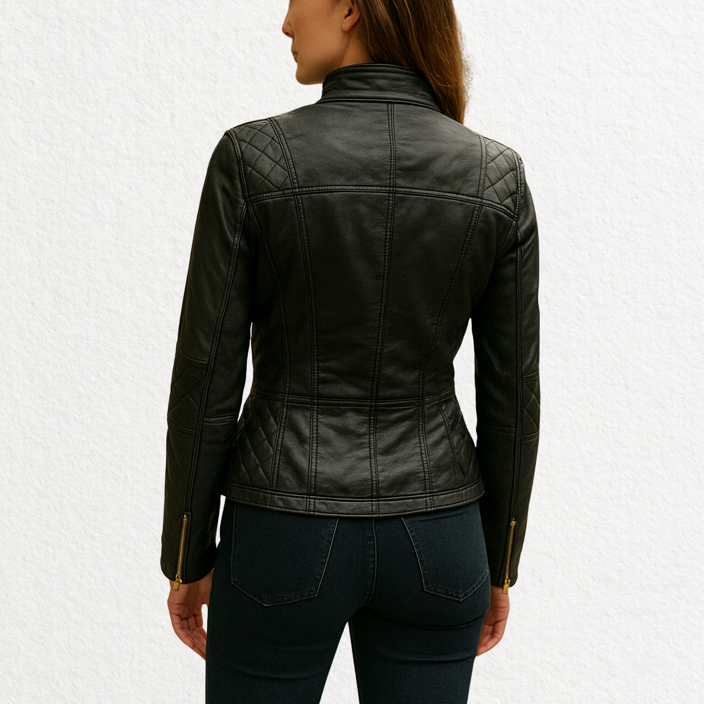Women’s black leather jacket with quilted shoulders