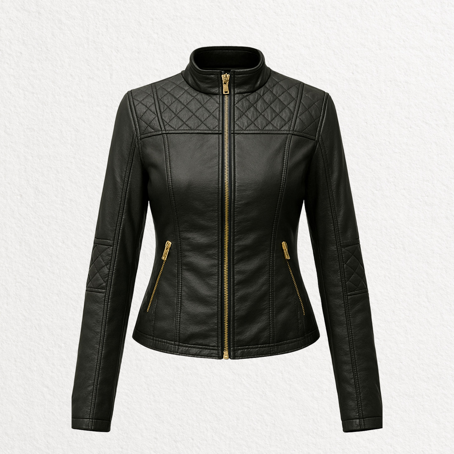 Black leather jacket with high neck collar
