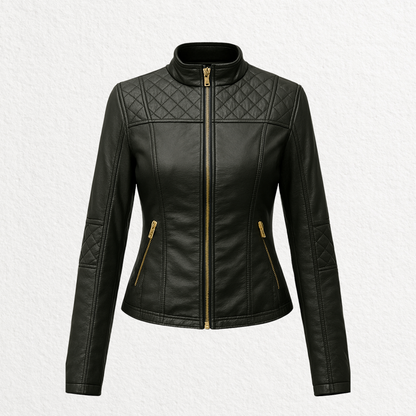 Black leather jacket with high neck collar
