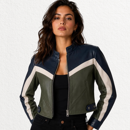 Women’s color block cropped leather biker jacket in navy olive and cream
