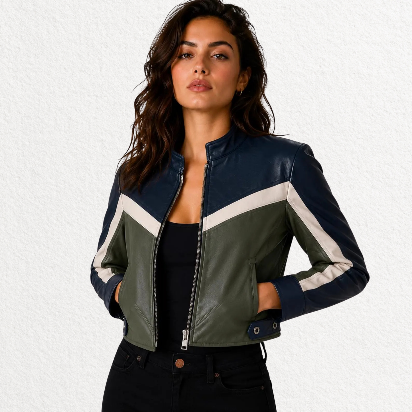 Front view of women’s cropped color block leather jacket with stand collar