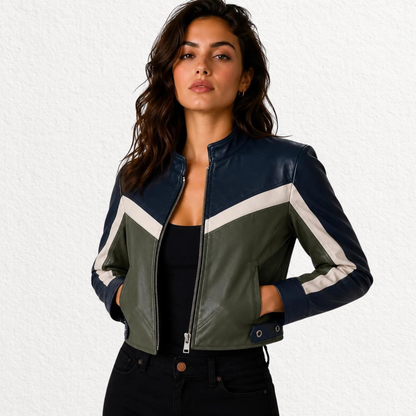 Front view of women’s cropped color block leather jacket with stand collar