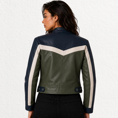 Back view of women’s color block leather jacket with cream chevron detail