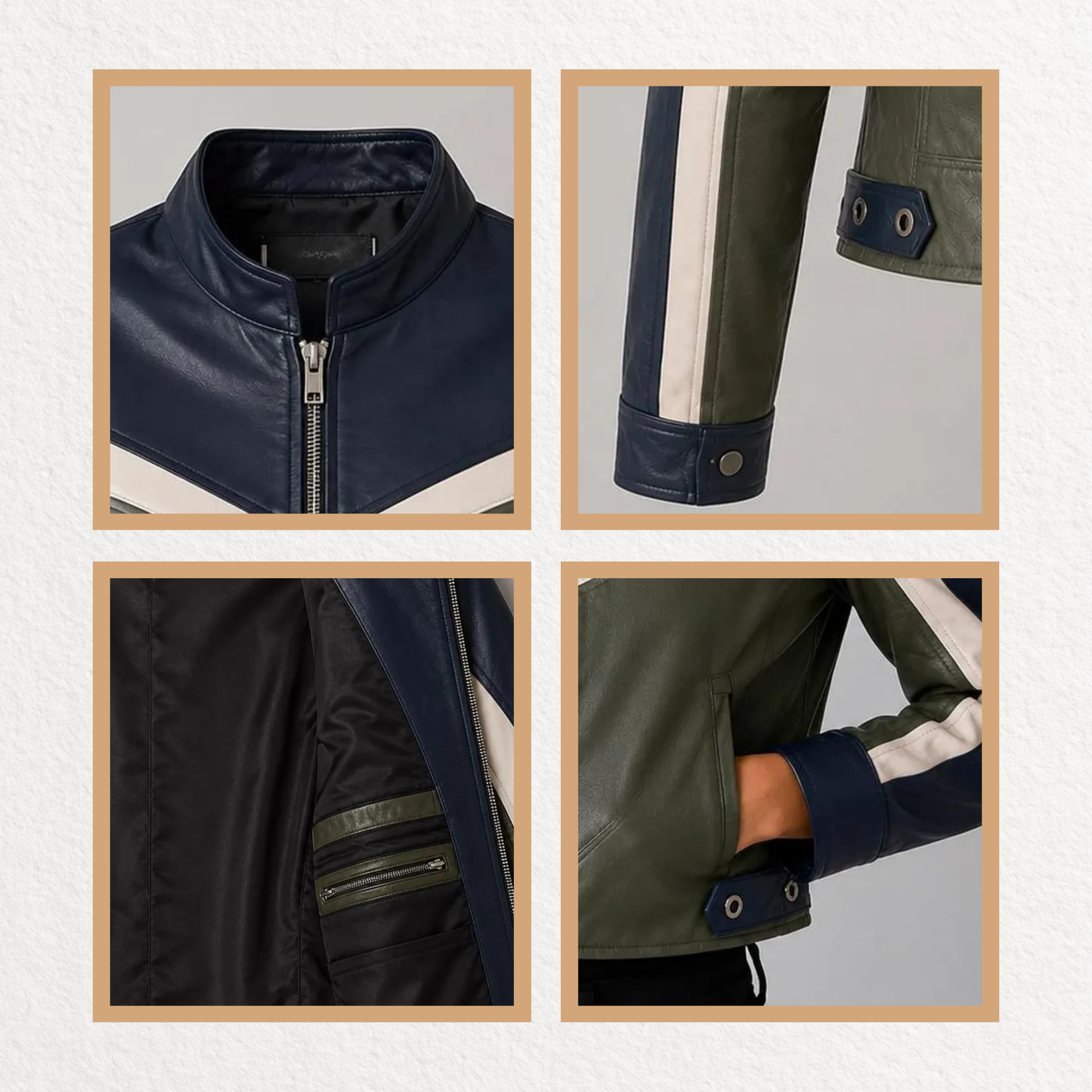 Women’s leather color block biker jacket with front zipper and side pockets