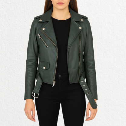 Women’s Green Leather Biker Jacket