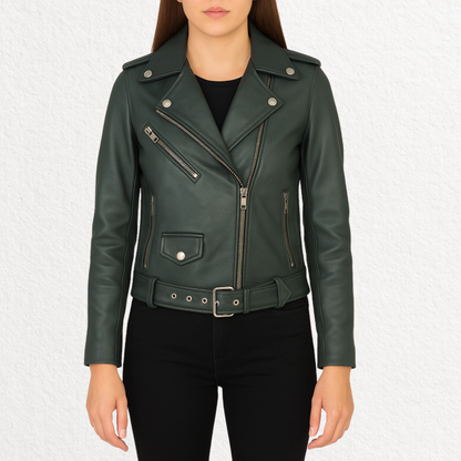 Women’s Green Leather Biker Jacket