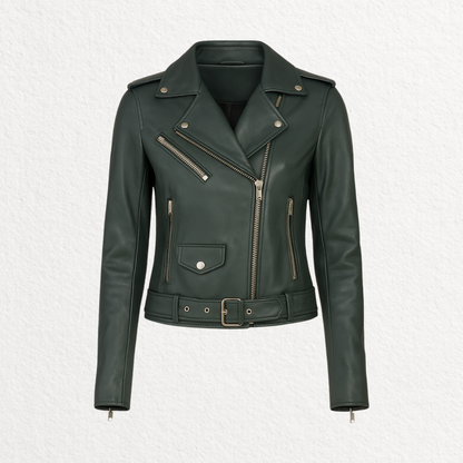 Women’s Green Leather Biker Jacket