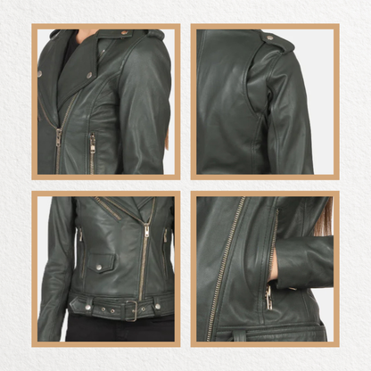 Women’s Green Leather Biker Jacket