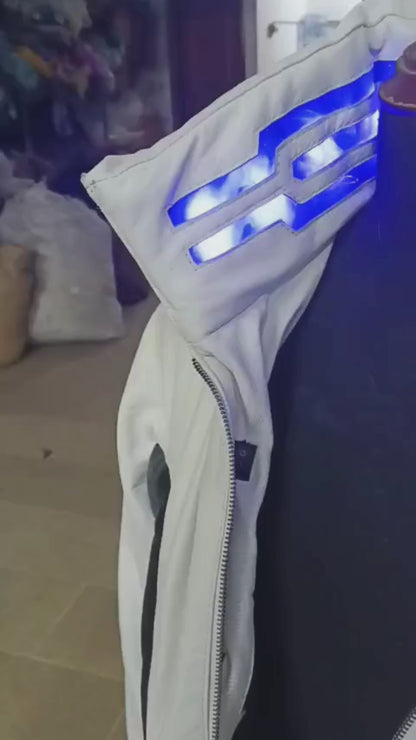 Cyberpunk-Inspired White LED Collar Leather Jacket
