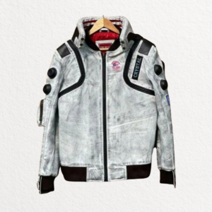 Cyberpunk-Inspired White Waxed Leather Jacket